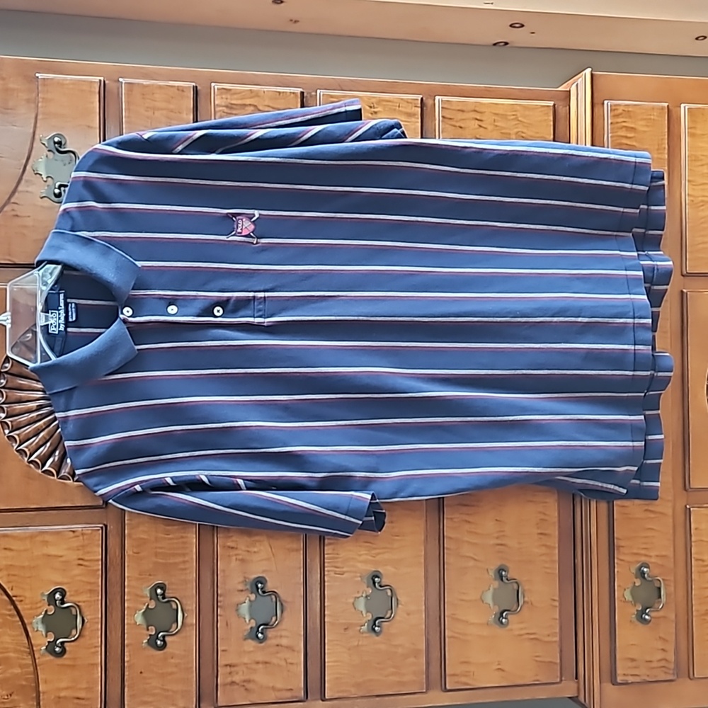 Polo Ralph Lauren Size L Navy Blue with burgundy and kaki strip shirt